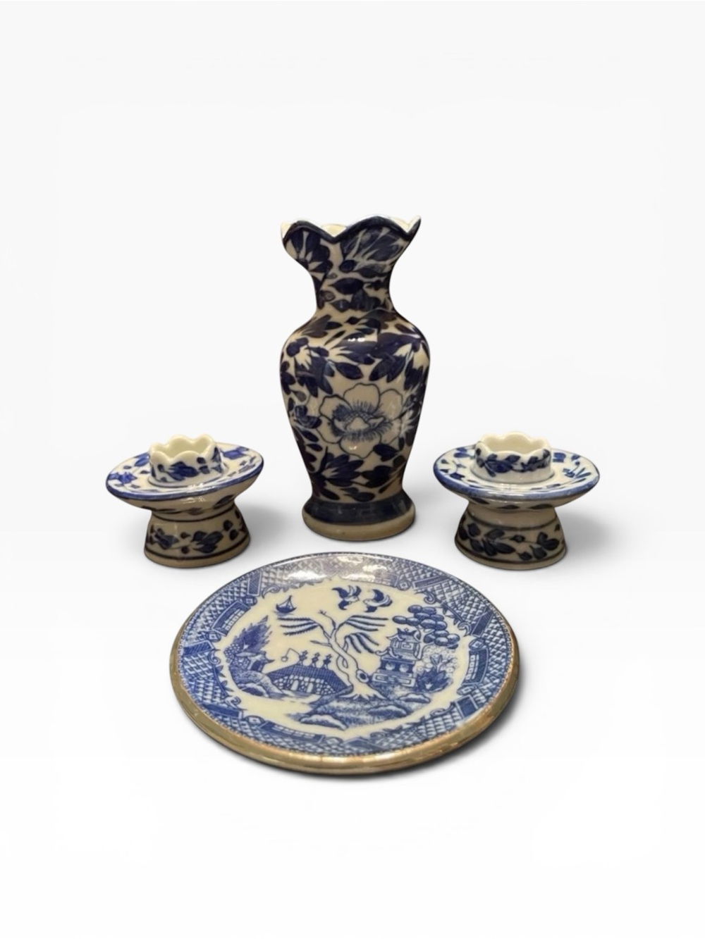 Vintage Mini Blue White Chinoiserie Ceramic Vase Plate Candle Holder Set - Picture 2 of 11